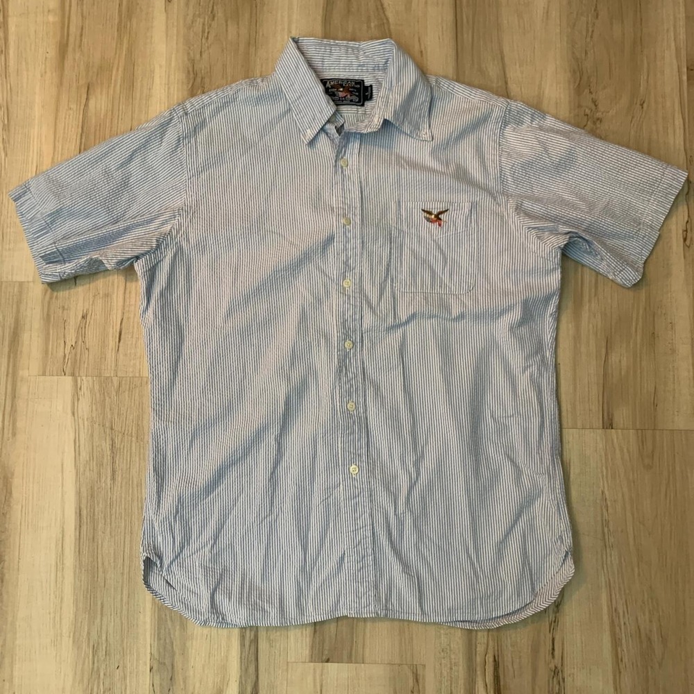American Living Mens Large Blue White Seersucker Short Sleeve Button Down Shirt